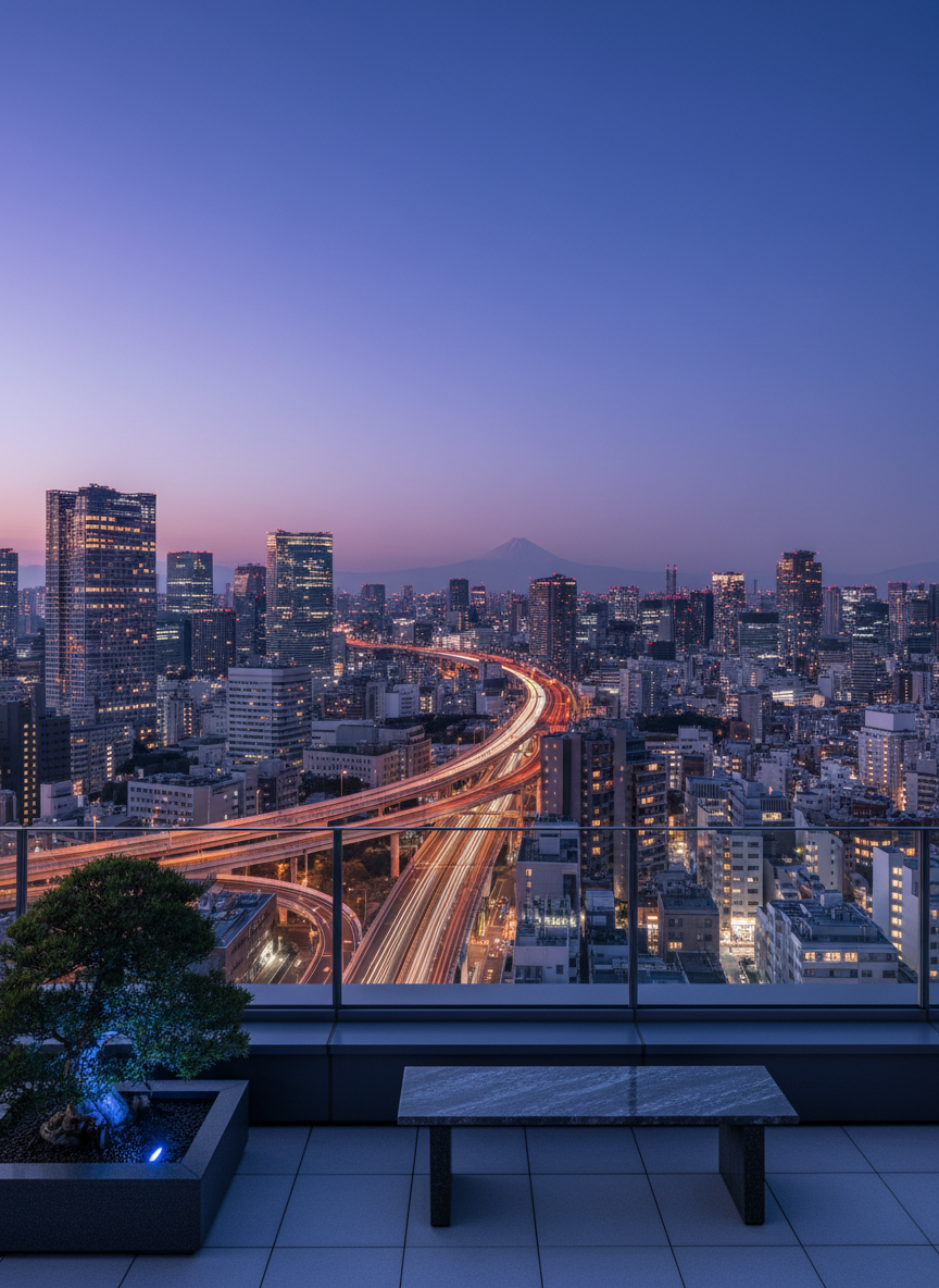 A dramatic twilight cityscape of Tokyo viewed from a high vantage point, focusing on the intricate network of illuminated expressways winding through a dense cluster of glass towers. In the foreground, a minimalist rooftop terrace with a sleek stone bench and a small bonsai tree overlooks the metropolis, its leaves subtly outlined by cool LED strip lighting. The sky transitions from deep indigo to faint orange at the horizon, while thousands of windows shimmer below like a refined tapestry of light. Captured in photographic realism with a wide-angle lens and sharp focus throughout, the composition uses leading lines of the highways to draw the eye into the distance. The atmosphere is modern, sophisticated, and slightly cinematic, evoking the exclusive perspective of a privately guided urban experience.