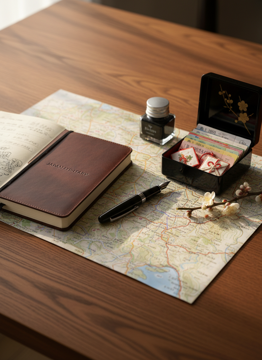 An elegant, minimalist wooden travel planner’s desk crafted from dark Japanese oak, its surface organized with a detailed unfolded map of Japan, a leather-bound itinerary notebook, and a sleek black fountain pen resting diagonally. A small lacquered box reveals neatly stacked train tickets and delicate paper omamori charms, while a single branch of white plum blossoms lies beside them. Warm, diffused afternoon light enters from an unseen window, creating soft highlights on the polished grain and subtle reflections on the ink bottle. Shot from a slightly elevated angle in photographic realism with shallow depth of field, the focus rests on the notebook and tickets, while the edges fall into gentle blur. The mood is refined, anticipatory, and intimate, evoking the quiet luxury of bespoke travel planning.
