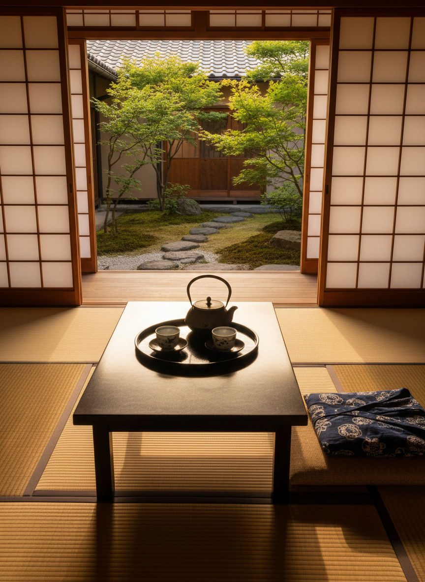 A tranquil interior of a traditional Japanese ryokan suite, seen without any people, showcasing a perfectly arranged tatami room with shoji screens partially open to a manicured courtyard garden. A low, dark-wood table holds a lacquered tea tray with a cast-iron tetsubin teapot and two empty porcelain cups, beside a neatly folded yukata laid on a woven zabuton cushion. Golden hour light streams in from the garden, illuminating the washi paper screens and casting delicate grid-like shadows across the tatami mats. Captured at eye level in photographic realism with a balanced, symmetrical composition, the image emphasizes depth, drawing the eye from the foreground tea set to the mossy stones outside. The mood is indulgently peaceful and sophisticated, suggesting a private, carefully curated stay.