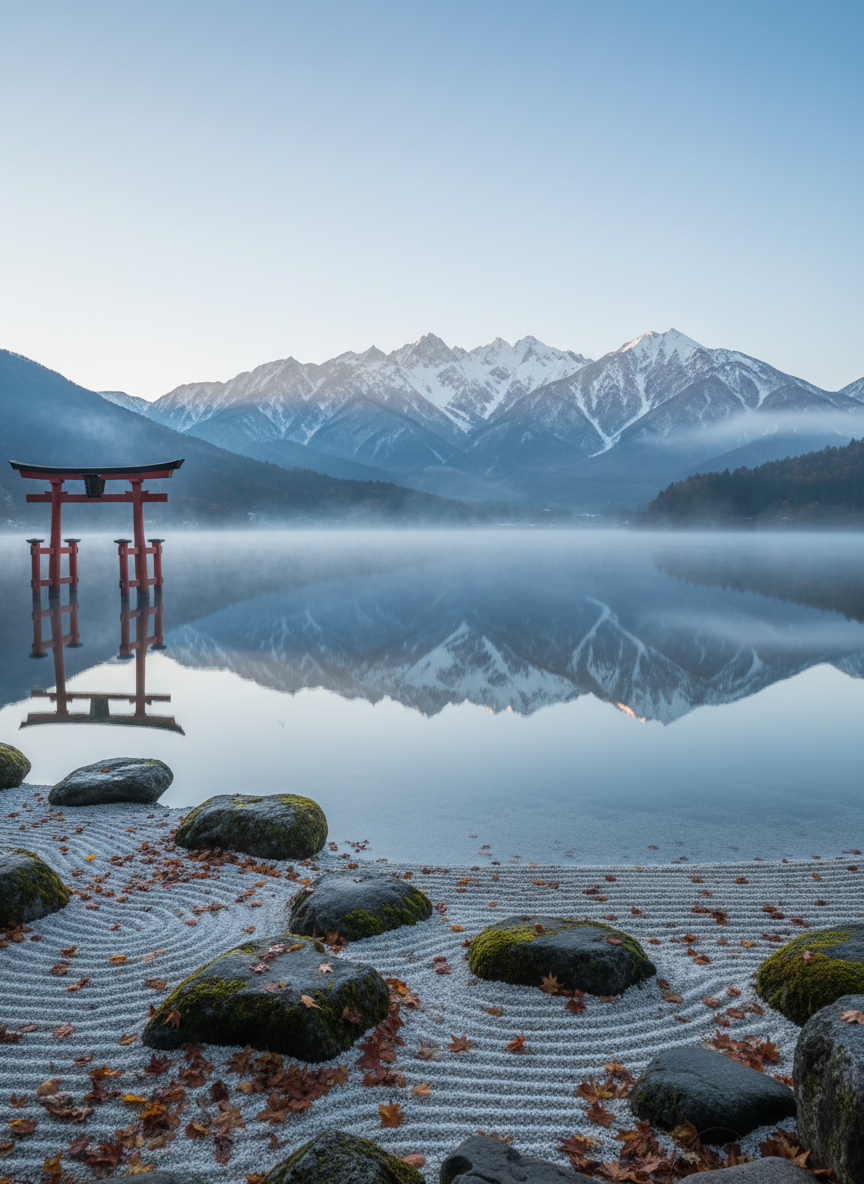 A panoramic vista of a pristine Japanese landscape, featuring a mirror-smooth lake reflecting snow-capped mountains and a distant Shinto torii gate rising from the water’s edge. The shoreline is edged with meticulously raked gravel and moss-covered stones, with delicate maple leaves scattered across the surface. Soft early-morning light filters through a thin mist, casting a cool, silvery glow and gentle, elongated shadows. Captured at eye level in photographic realism with sharp foreground detail and a subtly blurred background, the composition follows the rule of thirds to create a calm, contemplative mood. The overall atmosphere is sophisticated and serene, suggesting the beginning of an elegant, tailor-made journey through Japan’s sacred and natural landscapes.