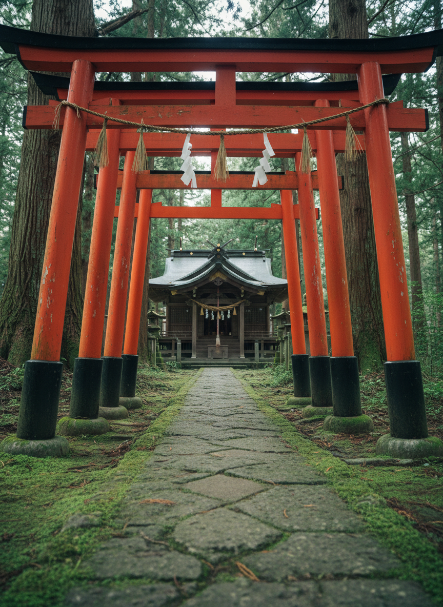 A secluded Shinto shrine hidden within an ancient cedar forest, its vermilion torii gates receding in perfect alignment along a stone path dappled with moss. The main honden building, partially visible in the background, features weathered wood, intricate carvings, and elegantly tied shimenawa ropes with white paper shide fluttering slightly in the still air. Soft, diffused overcast light filters through dense foliage, creating a gentle green cast and delicate shadows that add depth without harsh contrast. Captured from a low, forward-looking perspective in photographic realism, the image emphasizes the rhythmic repetition of the torii and the inviting progression into sacred space. The mood is mystical, reverent, and intimate, conveying access to hidden, spiritually rich locations typically known only to locals.
