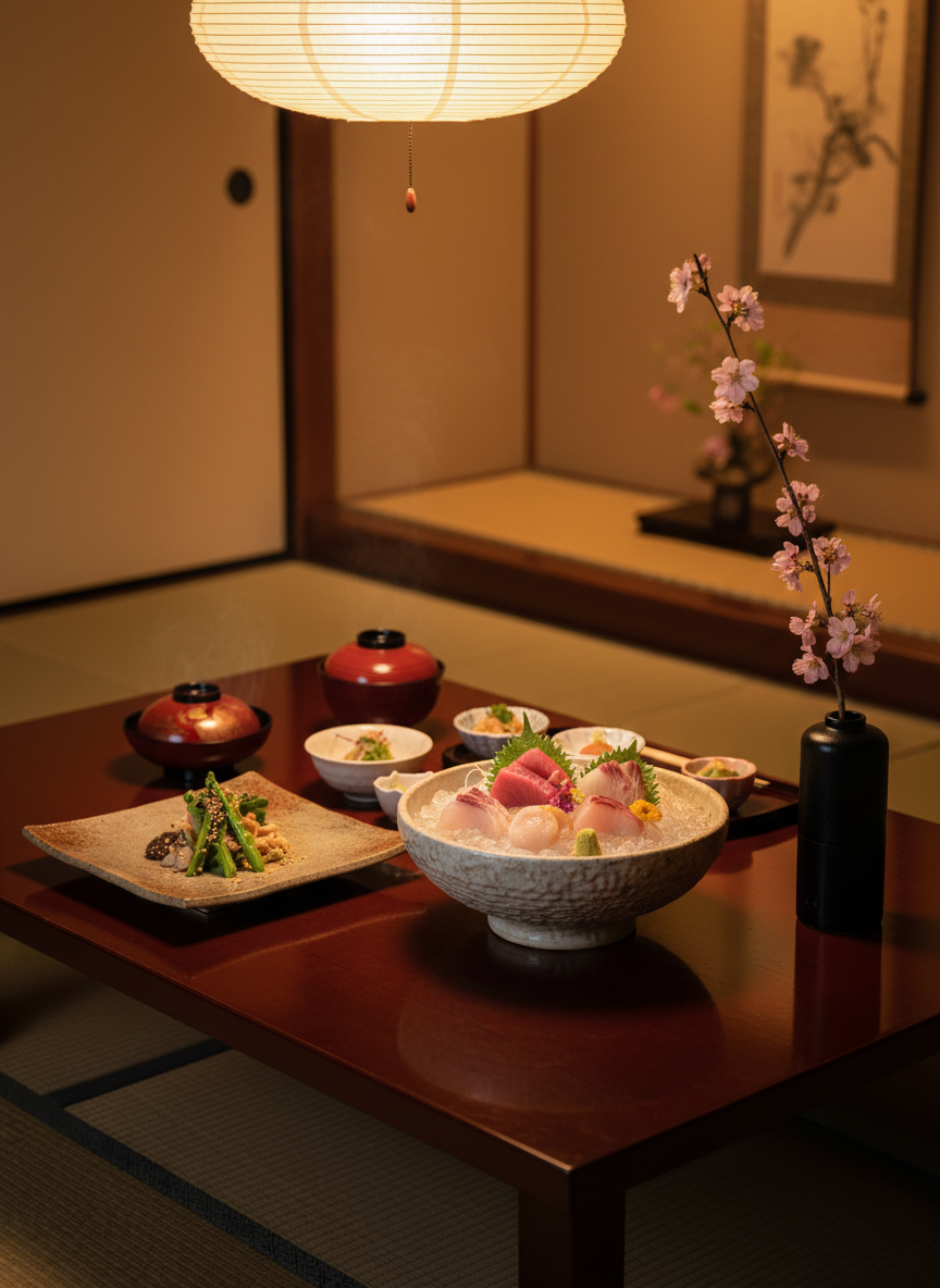 An exquisitely arranged kaiseki-style dining setting laid out on a low, dark-lacquered table in a private tatami room, entirely without diners. Each course is presented in distinct ceramic and lacquerware: a porcelain bowl with seasonal sashimi on crushed ice, a small square plate with artfully arranged mountain vegetables, and a lidded lacquer bowl hinting at a clear soup within. A single branch of seasonal flowers in a slender vase stands at the table’s edge. Overhead, warm, indirect pendant lighting casts gentle, controlled highlights on the glossy surfaces and subtle shadows across the tatami. Photographic realism with a slightly elevated, three-quarter angle and shallow depth of field keeps the central dishes in precise focus while softly blurring the background alcove. The mood is luxurious, meticulous, and contemplative, capturing the refined artistry of a private, tailor-made culinary experience.