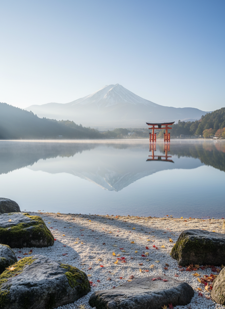 A panoramic vista of a pristine Japanese landscape, featuring a mirror-smooth lake reflecting snow-capped mountains and a distant Shinto torii gate rising from the water’s edge. The shoreline is edged with meticulously raked gravel and moss-covered stones, with delicate maple leaves scattered across the surface. Soft early-morning light filters through a thin mist, casting a cool, silvery glow and gentle, elongated shadows. Captured at eye level in photographic realism with sharp foreground detail and a subtly blurred background, the composition follows the rule of thirds to create a calm, contemplative mood. The overall atmosphere is sophisticated and serene, suggesting the beginning of an elegant, tailor-made journey through Japan’s sacred and natural landscapes.